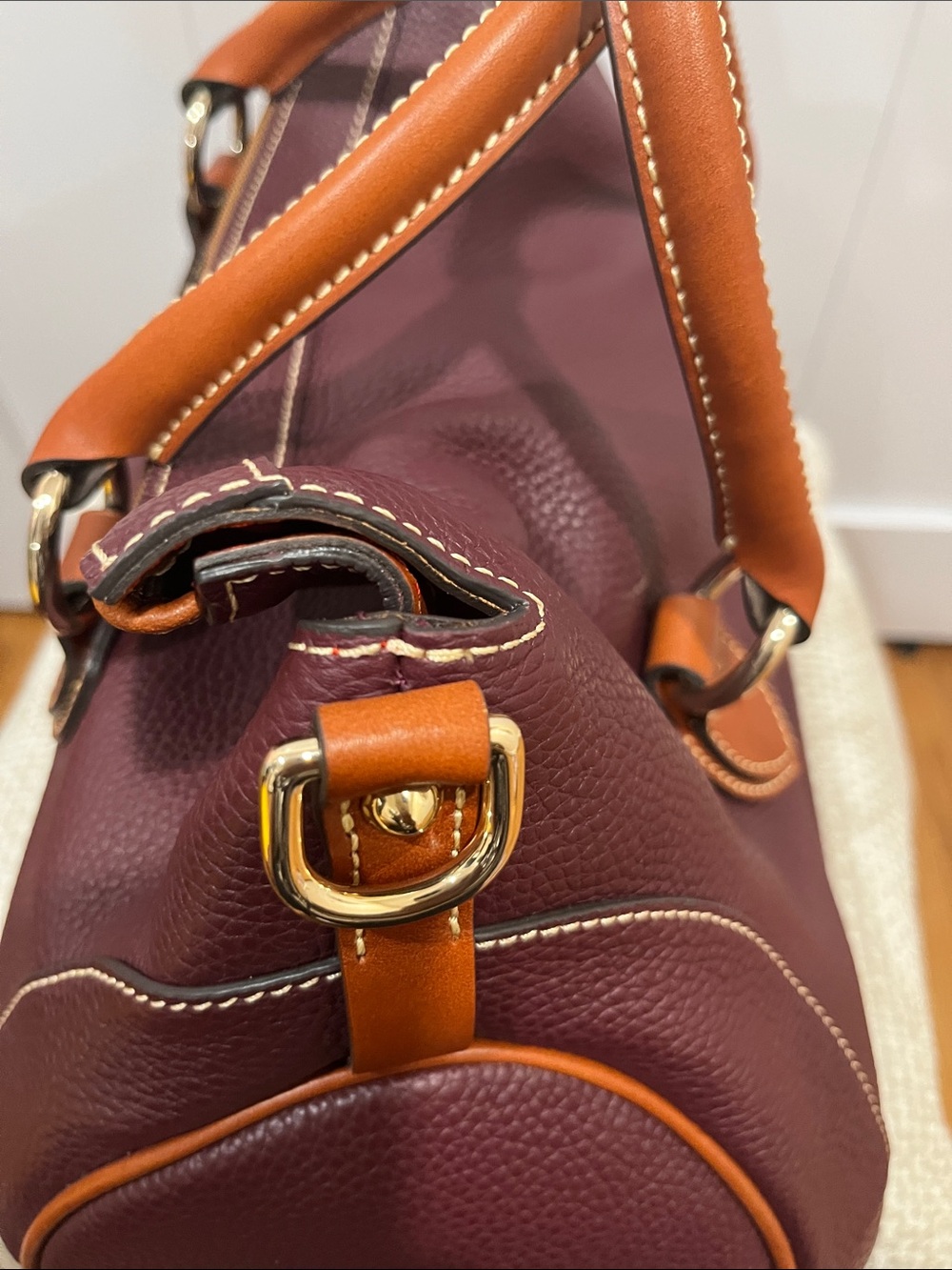 Dooney & Bourke  large Burgundy Pebble Leather Satchel with Tan Trim - Picture 7 of 16